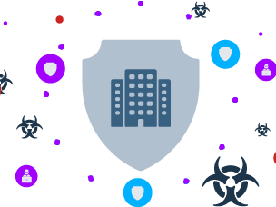 Diese Illustration zeigt ein Unternehmen welches angeriffen wird und sich mit Red, Blue und Purple Teaming schützen kann