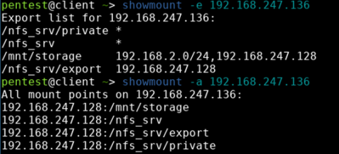 Output of the showmount command for enumerating NFS exports